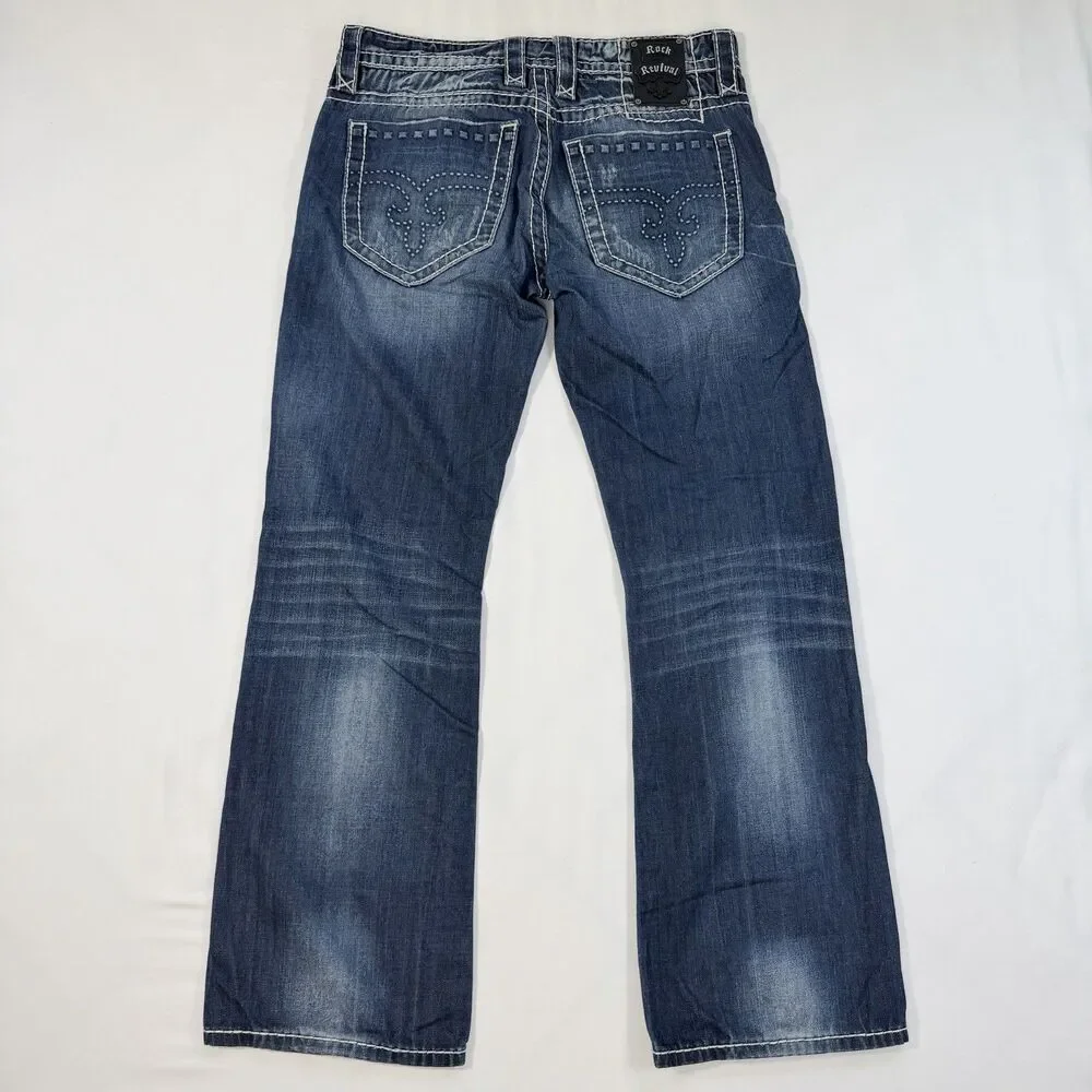 Rock Revival Mason Jeans Sz 33 Blue Distressed Bootcut Denim Y2K Grunge Festival - Picture 4 of 13